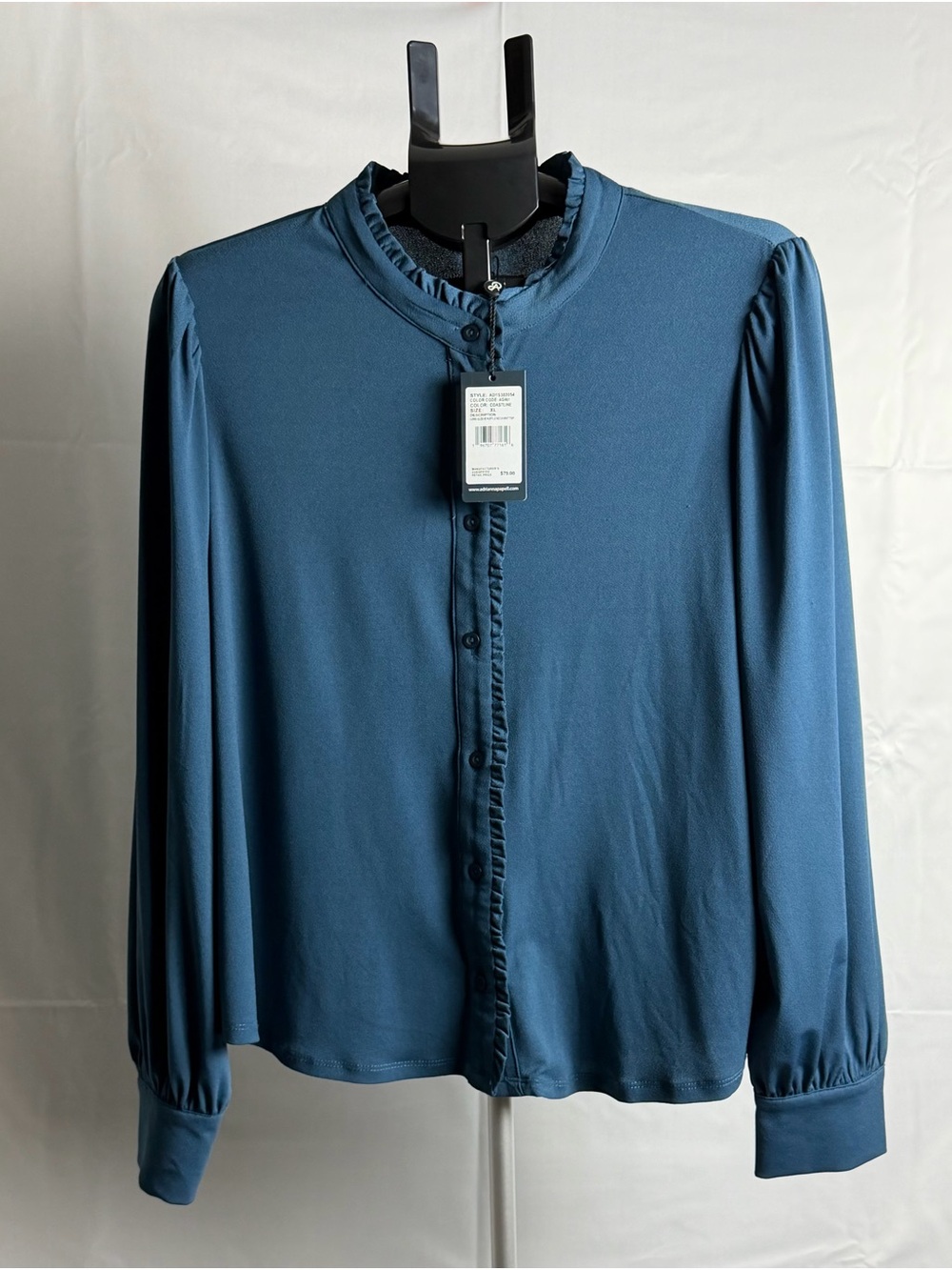 Adrianna Papell Teal Blue Ruffle-Trim Button Down Blouse